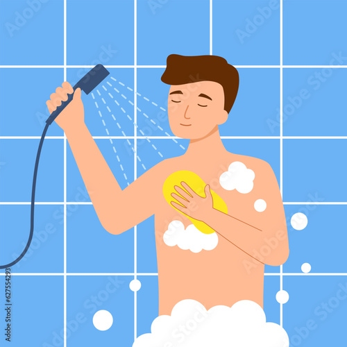 Man taking shower in bathroom flat design.