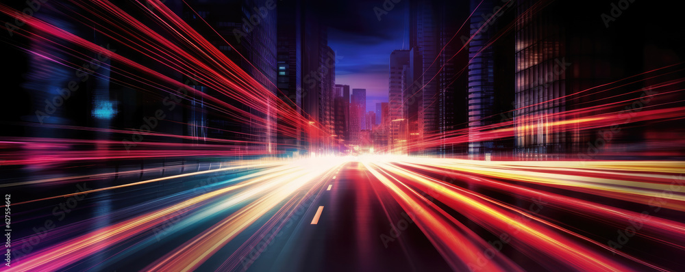 Long exposure of car lights at night on city streets. Panoramic view. Generative AI Long exposure of car lights at night on city streets. Panoramic view. Generative AI