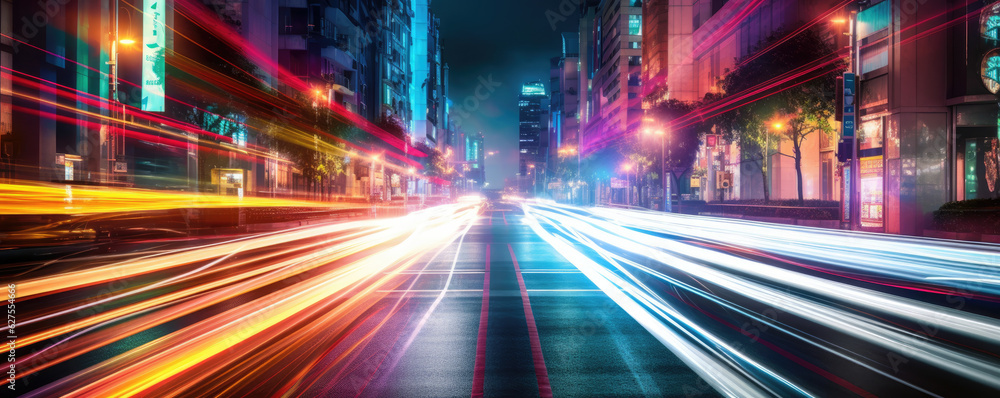 Long exposure of car lights at night on city streets. Panoramic view. Generative AI Long exposure of car lights at night on city streets. Panoramic view. Generative AI