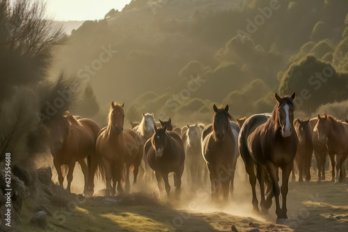 Herd of horses running free. Generative AI.