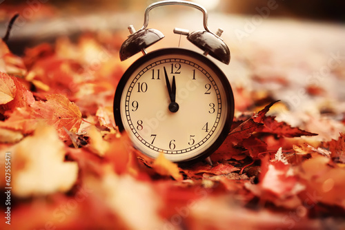 Fototapete Black alarm clock on colorful maple leaves background