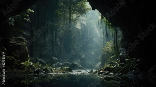 Beautiful Lake Inside a Cave With Sun Coming Through Generated AI © Fauzan