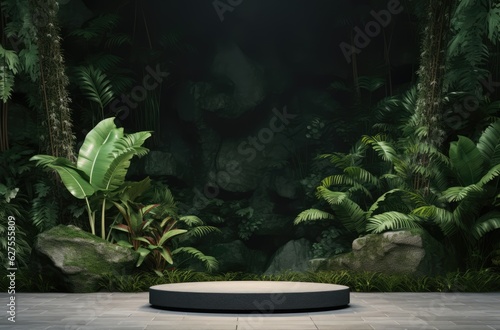Round Stone Podium Stage For Product With Nature Garden Background Generated AI
