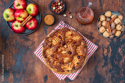 Apple cake with hazelnuts and cinnamon.Rosh hashanah jewish New Year holiday concept.