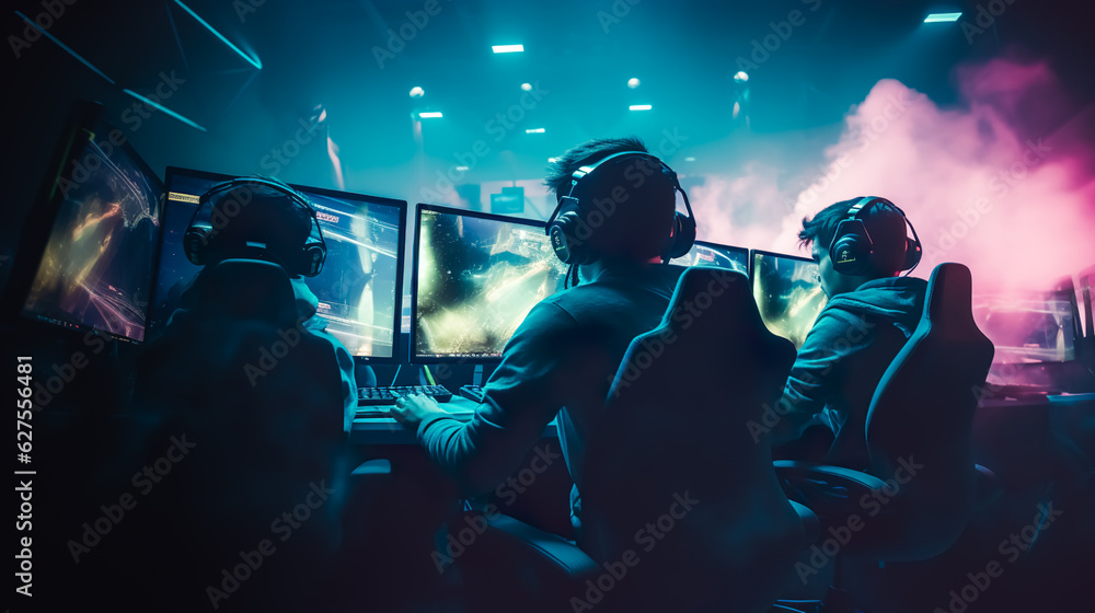 illustration of E-sport gaming player with teams in championship tournament with speed light neon stlye.competition and strategy.online stream entertainment.ai generated image illustration of E-sport gaming player with teams in championship tournament with speed light neon stlye.competition and strategy.online stream entertainment.ai generated image