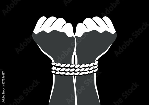 Black and white vector illustration of hands tied with rope, kidnapped, human trafficking concept