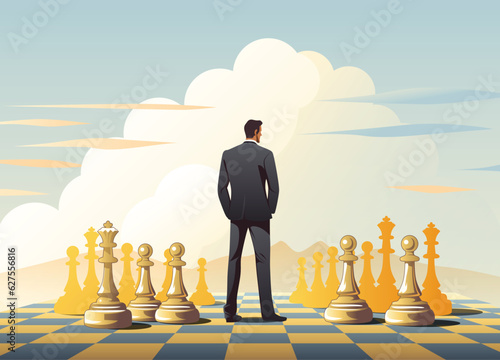 Silhouette of Strategic Thinker Man in Dark Suit on Chessboard A Vector Illustration of Strategy and Power in the Heart of the Game Looking for his next move