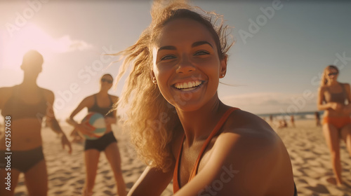 A woman playing volleyball on the beach with friends