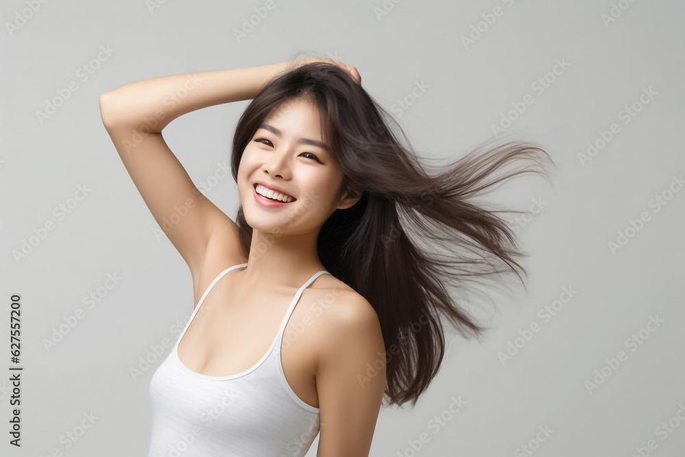 A young and pretty woman in a white underwear dress exudes joy and relaxation, raising her arms wide with a cute smile, revealing her smooth armpits against a pristine white background. Generative AI. A young and pretty woman in a white underwear dress exudes joy and relaxation, raising her arms wide with a cute smile, revealing her smooth armpits against a pristine white background. Generative AI.