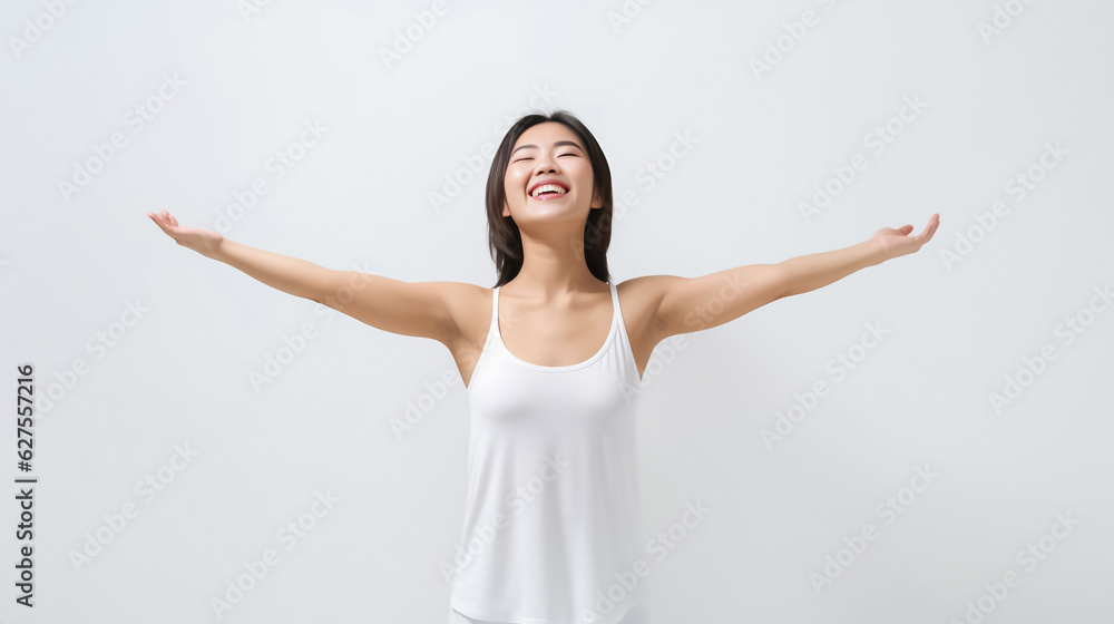 A young and pretty woman in a white underwear dress exudes joy and relaxation, raising her arms wide with a cute smile, revealing her smooth armpits against a pristine white background. Generative AI. A young and pretty woman in a white underwear dress exudes joy and relaxation, raising her arms wide with a cute smile, revealing her smooth armpits against a pristine white background. Generative AI.