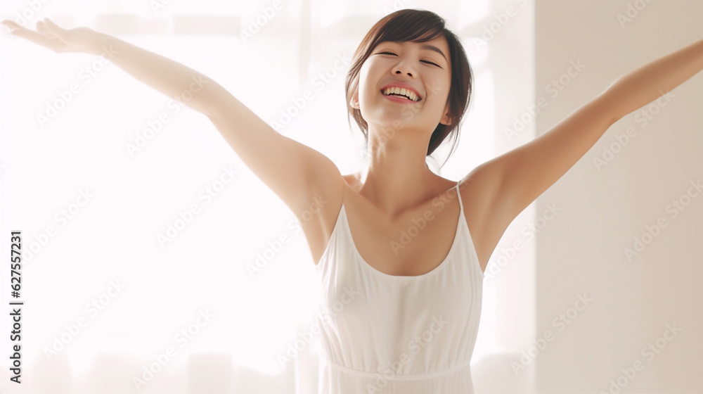 A young and pretty woman in a white underwear dress exudes joy and relaxation, raising her arms wide with a cute smile, revealing her smooth armpits against a pristine white background. Generative AI. A young and pretty woman in a white underwear dress exudes joy and relaxation, raising her arms wide with a cute smile, revealing her smooth armpits against a pristine white background. Generative AI.