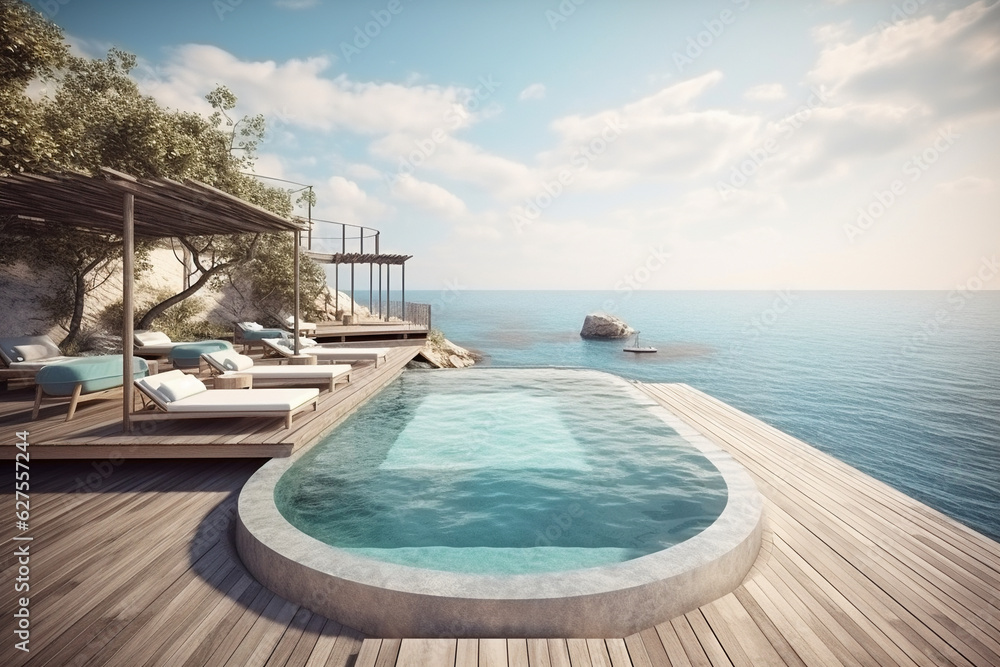Generative AI. Luxury minimalist house with swimming pool and beautiful sea view. Luxury summer holidays.  infinity pool admiring scenic view of ocean