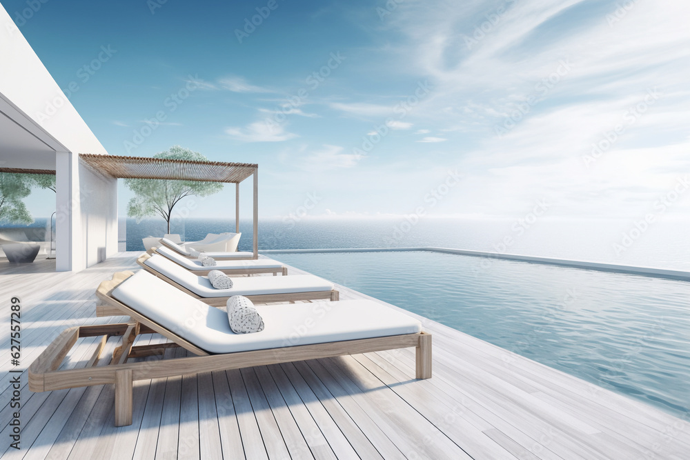 Fototapeta premium Generative AI. A view of caldera and luxury hotel swimming pool in foreground, typical white architecture. summer holidays