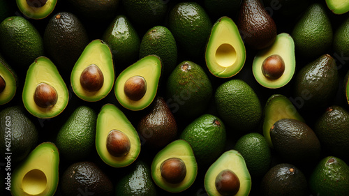 Top view full frame of whole ripe avocados placed together as background. © Shanorsila