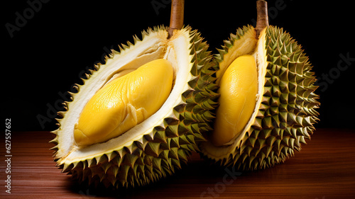 Durian fruit on wooden background.