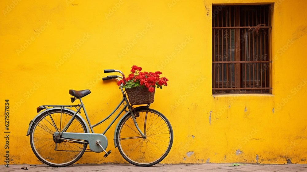 Retro bicycle near yellow wall