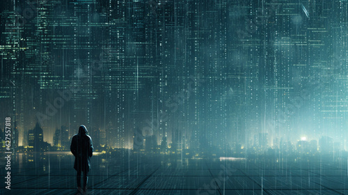 Concept of coding, hacking or cyber security.Mysterious hooded man silhouette under raining of codes.