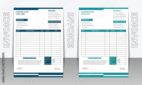 Creative modern and clean invoice design template.  invoice bill template Premium Vector, business stationery design payment agreement design.