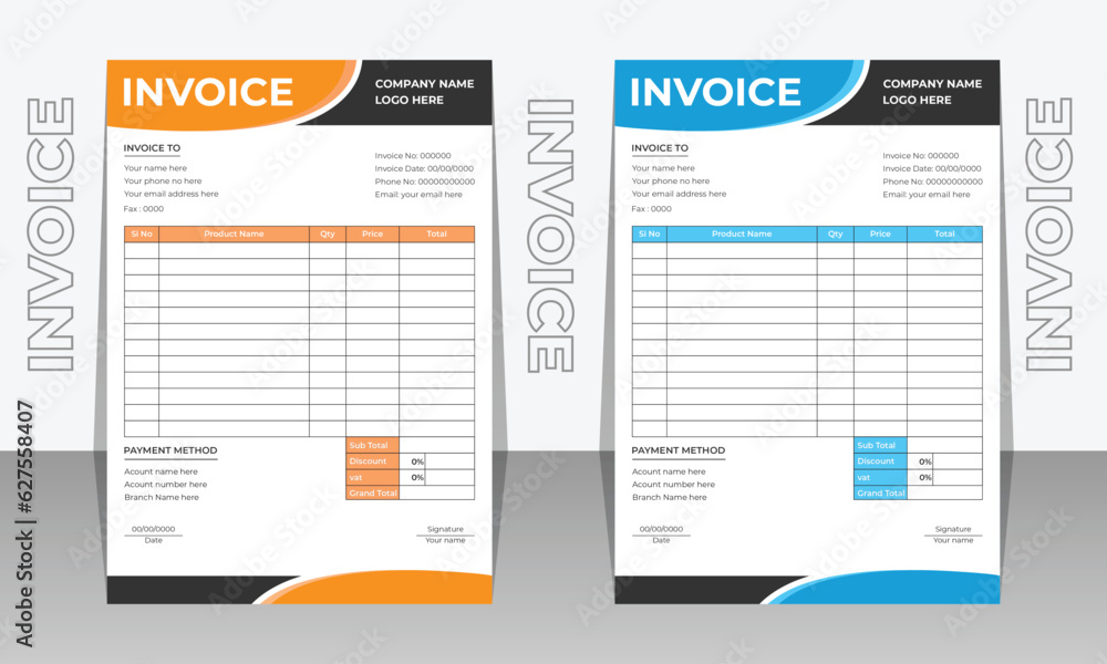Creative modern and clean invoice design template. vector illustration bill form price invoice. business stationery design payment agreement design.