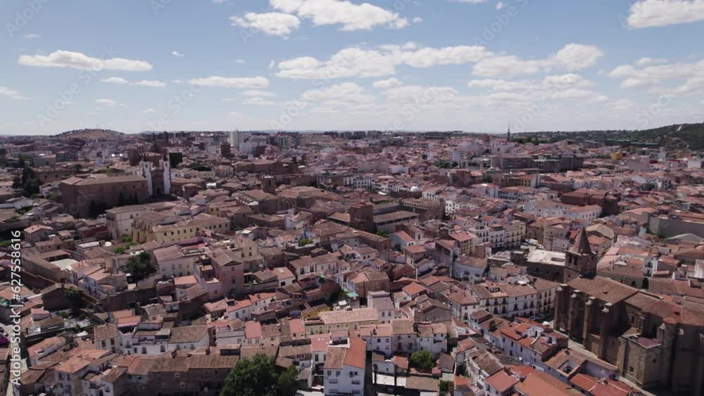 Establishing aerial View over Caceres city landscape, UNESCO World Heritage In Extremadura, Spain