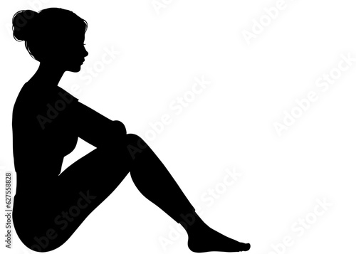 体育座りをする女性の横向きシルエットイラスト モノクロの感情表現素材