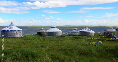 Yurts by Lake Hohnol,Hulunbuir grassland.Hulunbuir Grassland, is a world famous natural pasture, is one of the world's four grasslands, known as the world's best grassland.
