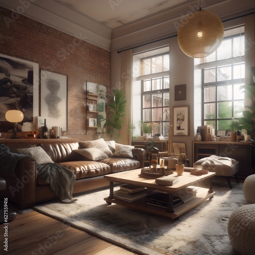 Cinematic Coziness, Natural and Organic Living Room Retreat in Golden Hour Light. Spacious, Serene, and Sustainable Haven. Generative AI