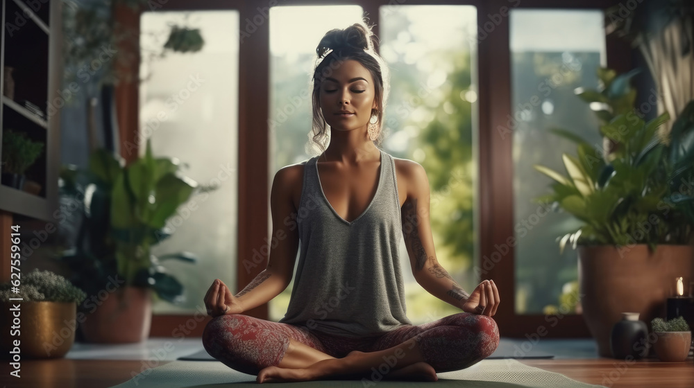 A woman exercising yoga in the house