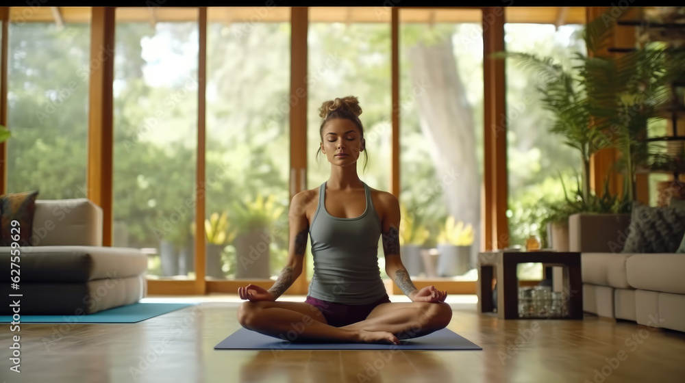 A woman exercising yoga in the house A woman exercising yoga in the house