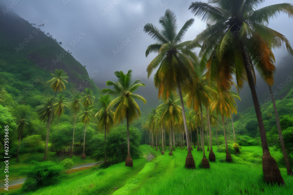 Fototapeta premium Rainy Season, Coconut Trees Against Mountain Backdrop. Generative AI