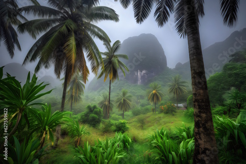 Rainy Season  Coconut Trees Against Mountain Backdrop. Generative AI