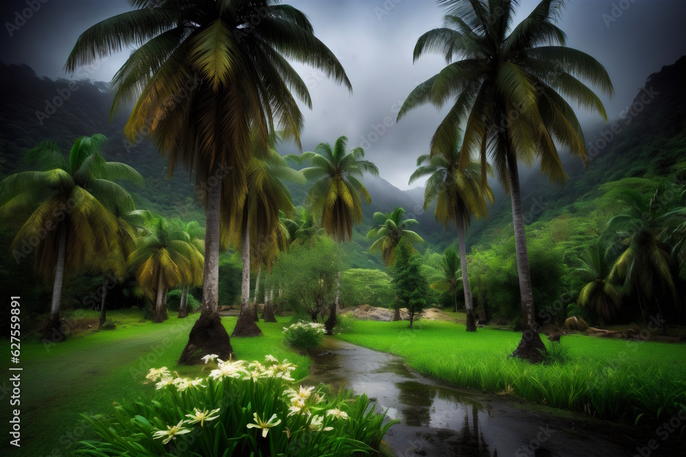 Rainy Season, Coconut Trees Against Mountain Backdrop. Generative AI Rainy Season, Coconut Trees Against Mountain Backdrop. Generative AI