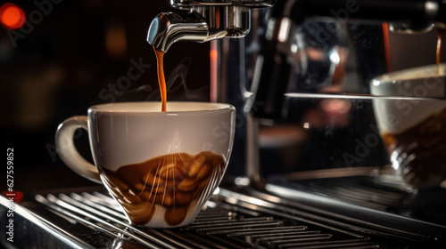 Close-up of espresso pouring from coffee machine. Professional coffee brewing