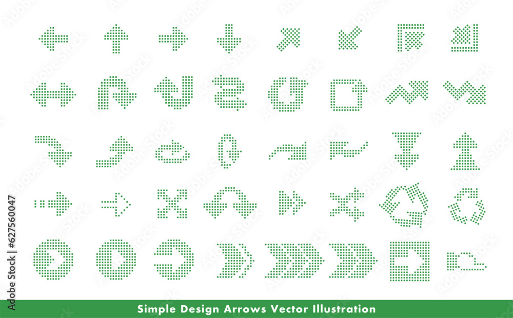 クールでシンプルなLED風四角ドット・点の矢印・方向指示記号のアローベクターアイコンイメージセット_緑・グリーン