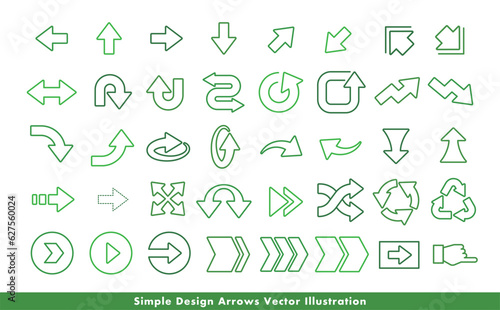 シンプルな線でクールな矢印・方向指示記号のアローベクターアイコンイメージセット_緑・グリーン・環境