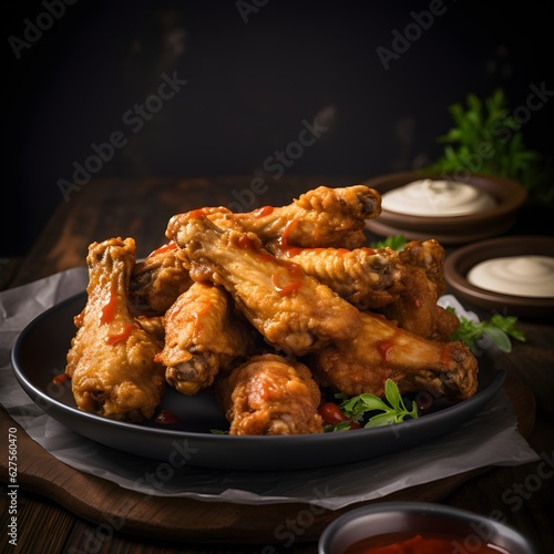 Close-up shot of a plate of delectable perfectly breaded and crispy peri peri chicken wings with peri peri sauce and other sauces with french fries. Created with Generative AI Technology. 