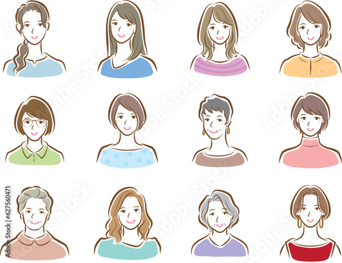 様々な女性の顔のイラスト.
