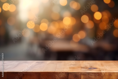 Wooden board empty table in front of a blurred background, Generative ai