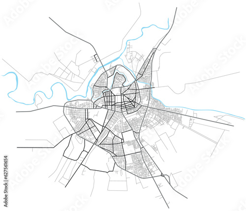Larissa city with highways, major and minor roads, town footprint plan. City map with streets,  urban planning scheme. Plan street map, road graphic navigation. Vector