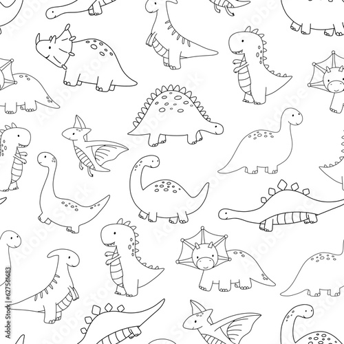 Seamless pattern with cute little baby dinosaurs. Vector outline monochrome doodle illustrations