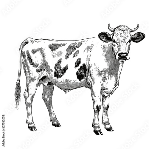 black and white cow, hand drawn ink illustration, domestic farm animal, drawing in the style of cross-hatching, ink art created with generative AI, transparent background photo