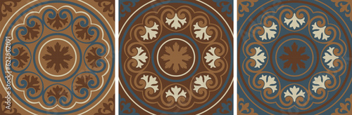 Mediterranean tile abstract geometric floral patterns. Portuguese culture, in neutral colors. Spanish majolica tile pattern. Vector illustration.