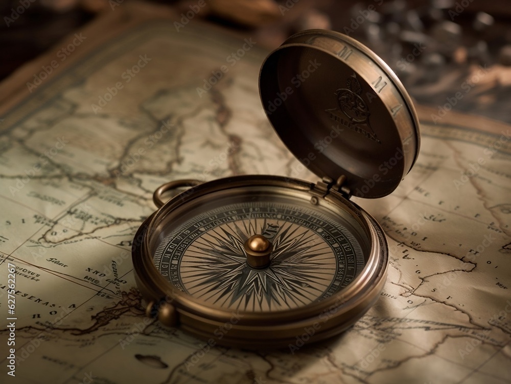 A close-up shot of a compass on a vintage map generative ai A close-up shot of a compass on a vintage map generative ai