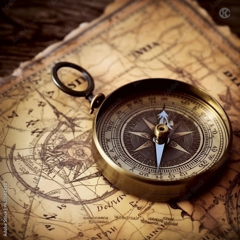 A close-up shot of a compass on a vintage map generative ai