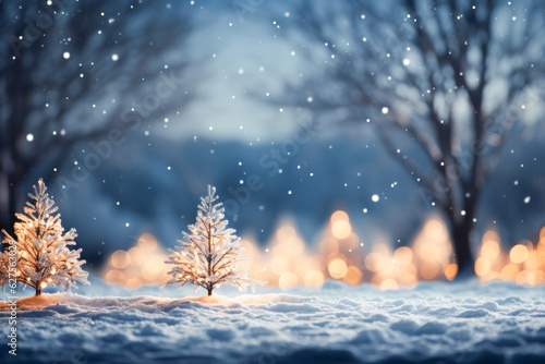 Close-Up of Christmas Trees in Snowy Field with Bokeh