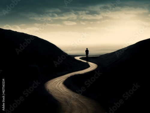 A silhouette of a person walking along a winding road generative ai © Generative Ai