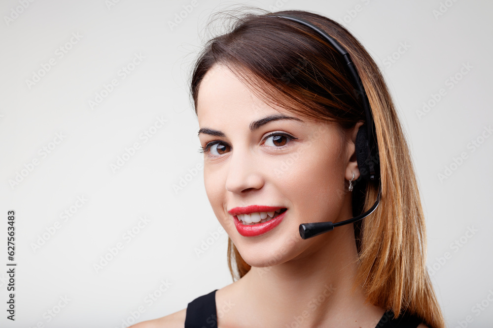 Professional headset woman, courteous assistant, six languages Professional headset woman, courteous assistant, six languages