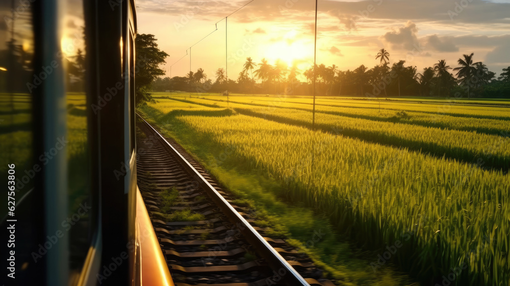 View of rice fields from the window of a train at sunrise View of rice fields from the window of a train at sunrise