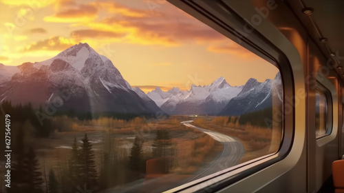 View of the mountains from the window of a modern train