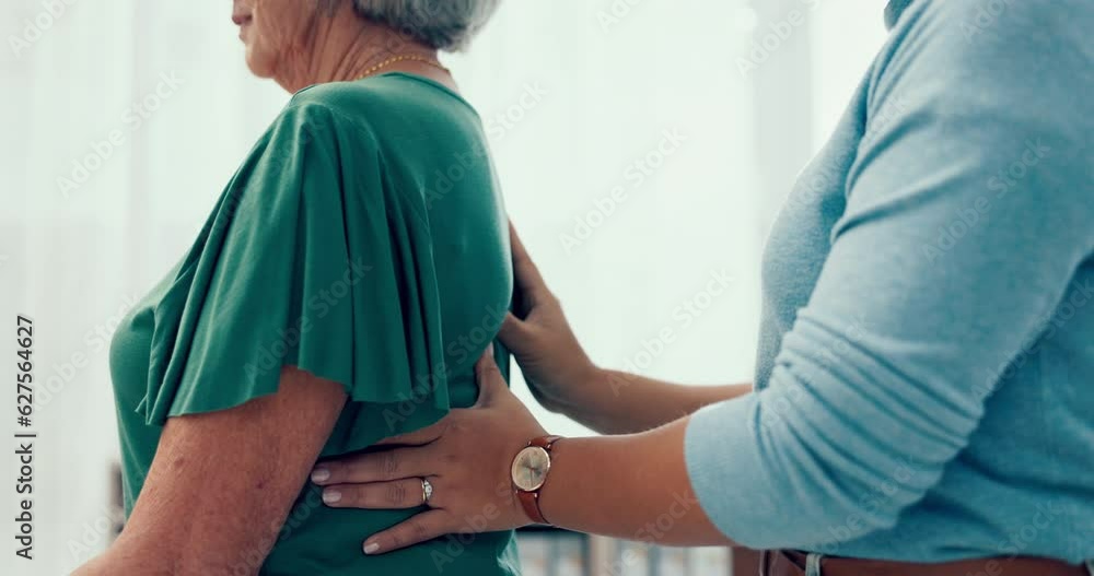 Hands of woman, back pain or physiotherapy for patient with help in physical therapy rehabilitation. Chiropractic, chiropractor or physiotherapist massaging spine or muscle injury for body healing Hands of woman, back pain or physiotherapy for patient with help in physical therapy rehabilitation. Chiropractic, chiropractor or physiotherapist massaging spine or muscle injury for body healing